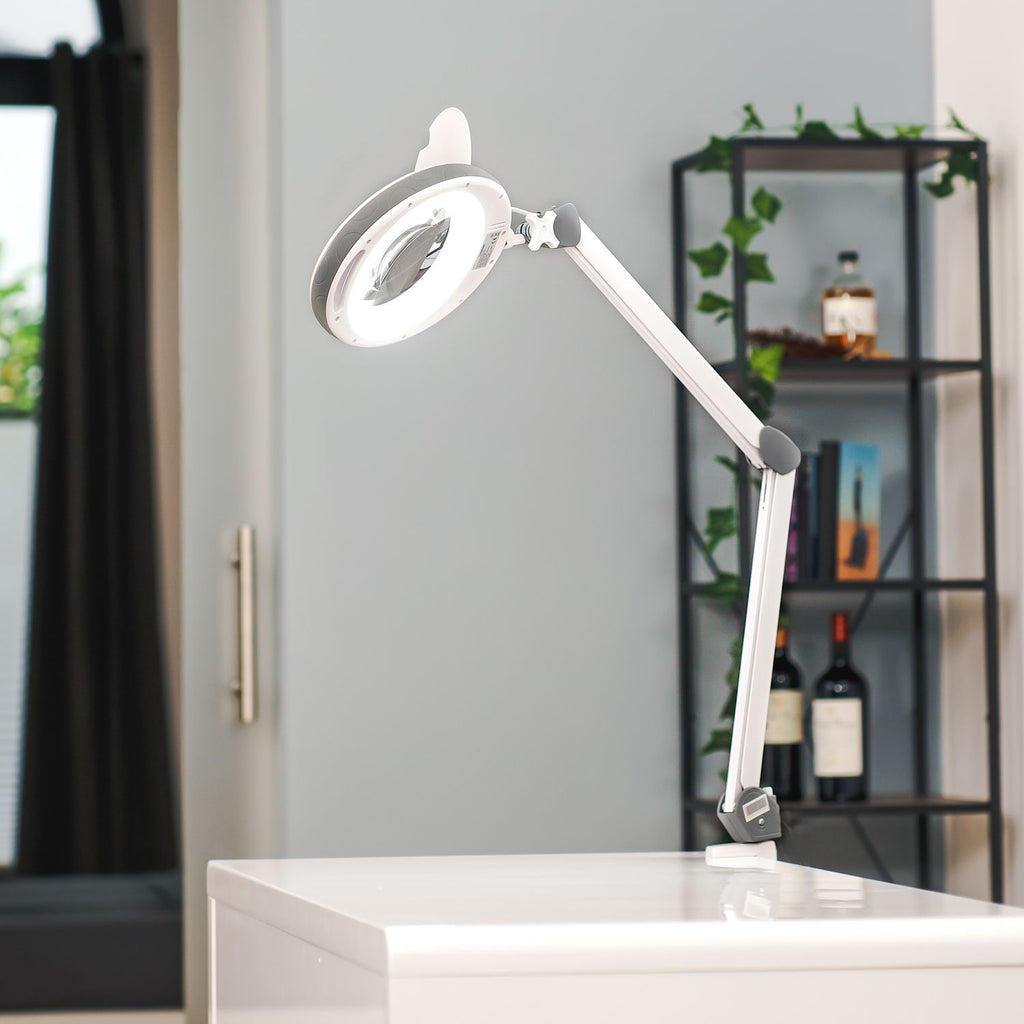 Lumeno LED Lupenleuchte Serie 851X mit 152 mm Echtglaslinse, dimmbar, grau oder schwarz